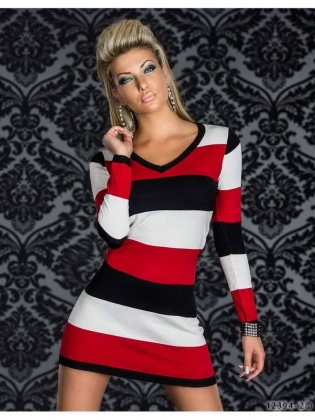 Red White Black Stripe Long Sleeve V-neck Sexy Dress