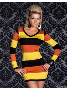 Black Yellow Orange Stripe Long Sleeve V-neck Sexy Dress