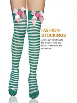 Blue White Stripe Thigh Highs With Plush Strawberry Satin Bow Top