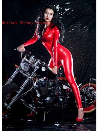 Sexy Red Long Sleeved Wet Look Cat Suit