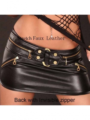Black Sexy Leather Zipper Skirt