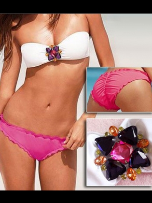 Red Rhinestones Strapless Bikini Set