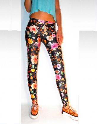 Corlorful Floral Black Decorative Leggings