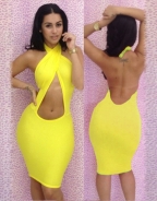 Yellow Halter Neck Backless Dress