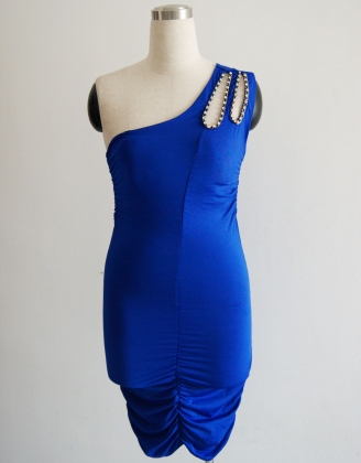 One Shoulder Cutout Rhinestone Ruched Dress