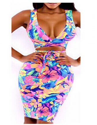 Painting Flowers Sexy Skirt Set