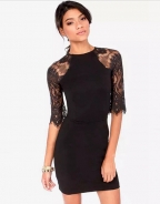 Half-Sleeve Lace Applique Halter Sexy Dress