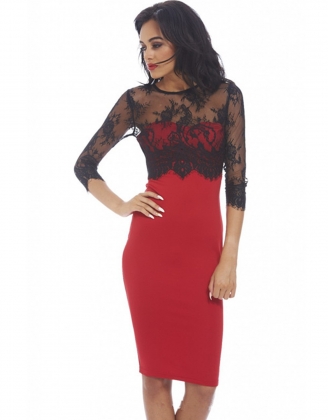 Bardot Design Sheer Lace Sleeve Midi Dress
