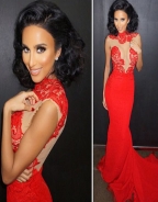 Red O-neck Mesh Inserted Nude Evening Dress