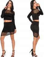 2pcs Black See Through Long Sleeve Club Skirt Suit