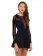 Black Long Sleeves Embroidered Mesh Plunge Hollow Out Back Skater Dress