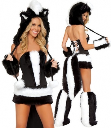 White Black Sexy Skunk Corset, Skirt And Tail