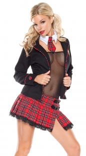 Black Mesh & Red Plaid Seductive School Girl Costume