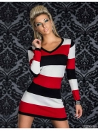 Red White Black Stripe Long Sleeve V-neck Sexy Dress