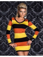 Black Yellow Orange Stripe Long Sleeve V-neck Sexy Dress
