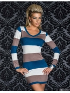 White Gray Blue Stripe Long Sleeve V-neck Sexy Dress