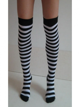 White Black Nylon Striped Stockings