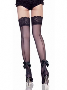 Black Lace Top Sheer Stockings With Ribbon