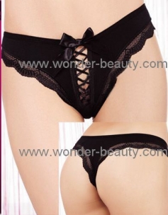 Black Front Lace Up Thong