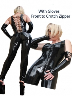 Black Lace Up Back Front To Crotch Zipper Catsuit