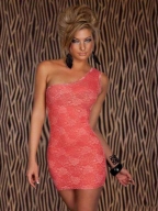 Hot Pink Lace Embroidered Clubwear With One Shoulder
