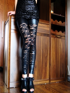 Black Hollow Out Leather Leggings