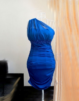Blue One-Shoulder Waist Bead Dress