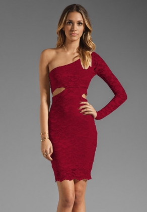 Wine Red One Shoulder Lace Dress