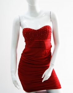 Strapless Reched Beading Dress Red