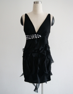 Elegant Black Rhinestone Ruffle Dress