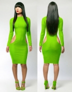 Green Long Sleeve S Shape Hollow Out Party Bodycon Dress