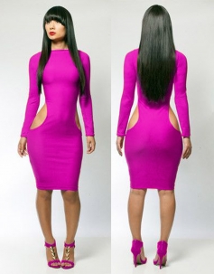 Purple Long Sleeve S Shape Hollow out Party Bodycon Dress