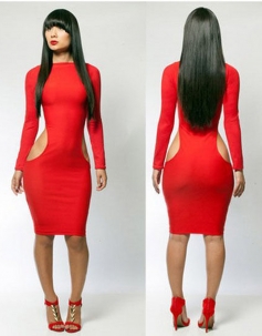 Red Long Sleeve S Shape Hollow Out Party Bodycon Dress