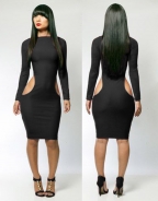 Black Long Sleeve S Shape Hollow Out Party Bodycon Dress