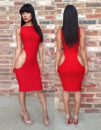 Red Sleeveless S Shape Hollow Out Party Bodycon Dress