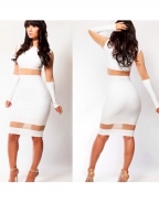 White Color-blocked Long Sleeve With Cuticolor Mesh Accents Bodycon Dress