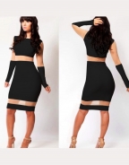 Black Color-blocked Long Sleeve With Cuticolor Mesh Accents Bodycon Dress