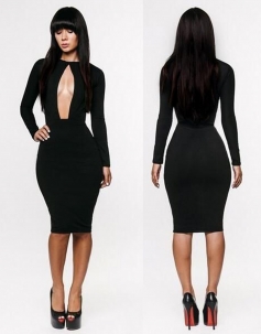 Sexy Long Sleeve Black Front Cut Out Bodycon Midi Dress