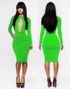 Sexy Long Sleeve Green Front Cut Out Bodycon Midi Dress