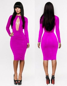 Sexy Long Sleeve Rose Front Cut Out Bodycon Midi Dress