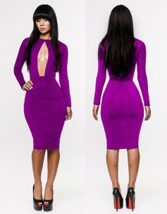 Sexy Long Sleeve Purple Front Cut Out Bodycon Midi Dress