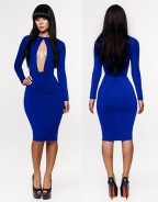 Sexy Long Sleeve Blue Front Cut Out Bodycon Midi Dress