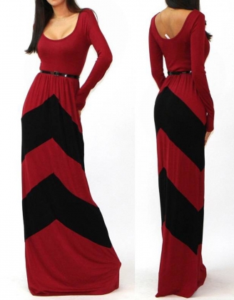 O-Neck Long Sleeves Red And Black Stripes Floor-Length Long Gown Dress