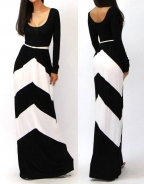 O-Neck Long Sleeves Black And White Stripes Floor-Length Long Gown Dress
