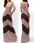 O-Neck Long Sleeves Grey And Black Stripes Floor-Length Long Gown Dress