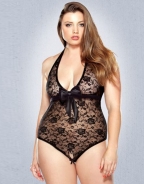 Plus Size Scallop Lace Gartered Cami one piece lingerie