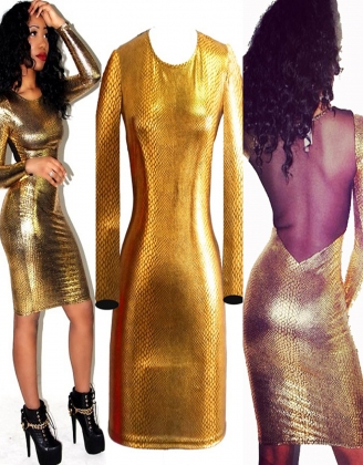 Gold Vinyl Leather Clubwear Dress