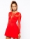 Red Long Sleeves Embroidered Mesh Plunge Hollow Out Back Skater Dress