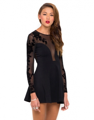 Black Long Sleeves Embroidered Mesh Plunge Hollow Out Back Skater Dress